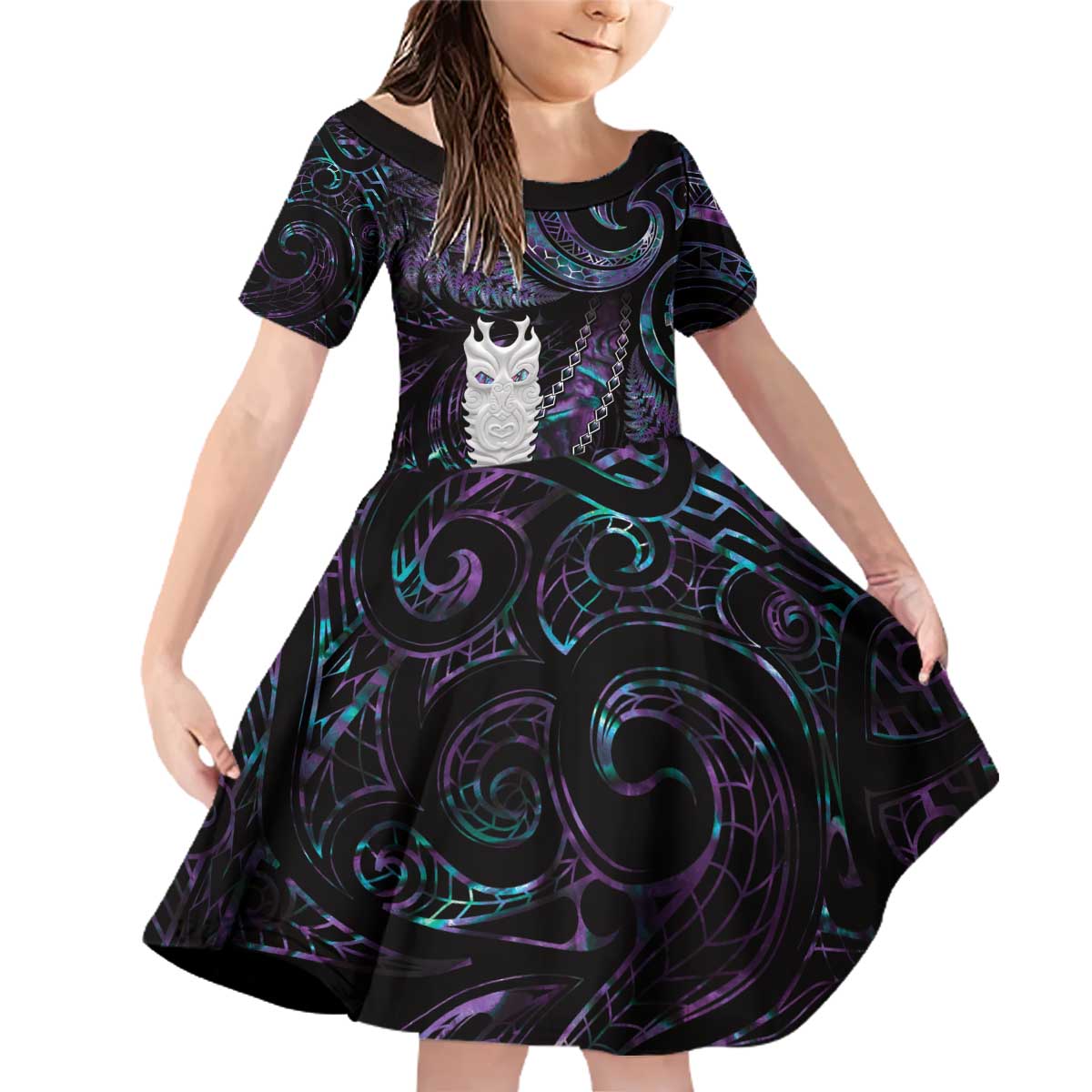 New Zealand Aotearoa Family Matching Off Shoulder Short Dress and Hawaiian Shirt Maori Tane Te Waiora Paua Shell Glitter Purple LT05 Daughter's Dress Purple - Polynesian Pride