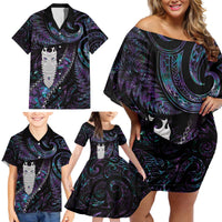 New Zealand Aotearoa Family Matching Off Shoulder Short Dress and Hawaiian Shirt Maori Tane Te Waiora Paua Shell Glitter Purple LT05 - Polynesian Pride