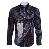 New Zealand Aotearoa Family Matching Off Shoulder Short Dress and Hawaiian Shirt Maori Tane Te Waiora Paua Shell Glitter Purple LT05 Dad's Shirt - Long Sleeve Purple - Polynesian Pride