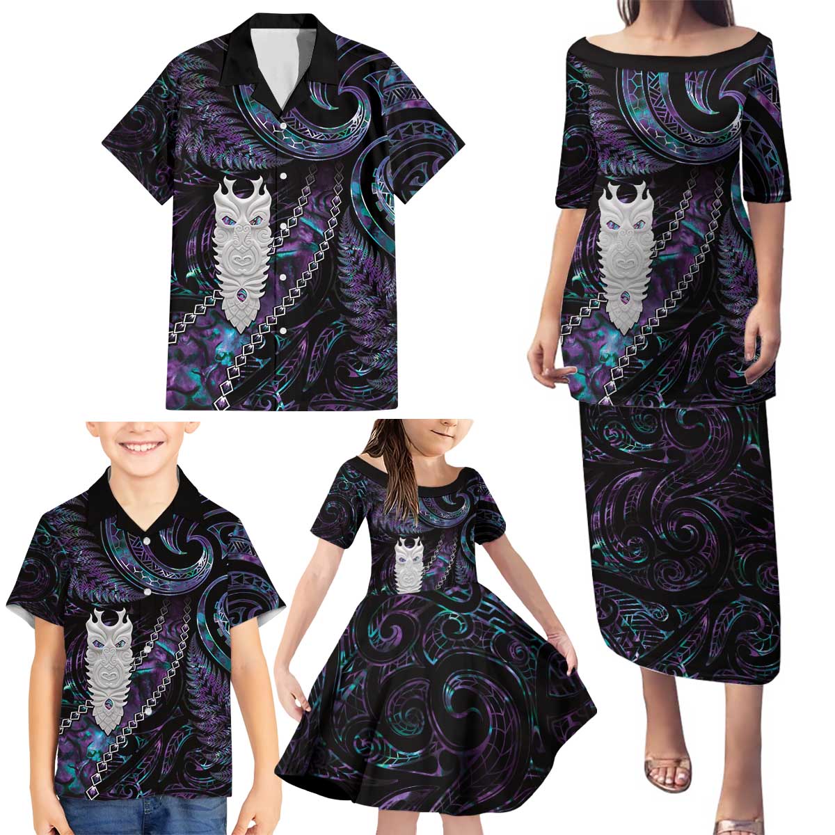 New Zealand Aotearoa Family Matching Puletasi and Hawaiian Shirt Maori Tane Te Waiora Paua Shell Glitter Purple LT05 - Polynesian Pride