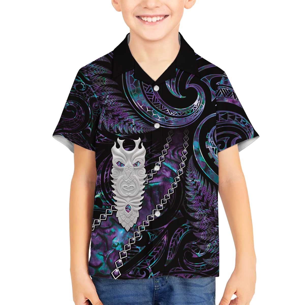 New Zealand Aotearoa Family Matching Puletasi and Hawaiian Shirt Maori Tane Te Waiora Paua Shell Glitter Purple LT05 Son's Shirt Purple - Polynesian Pride