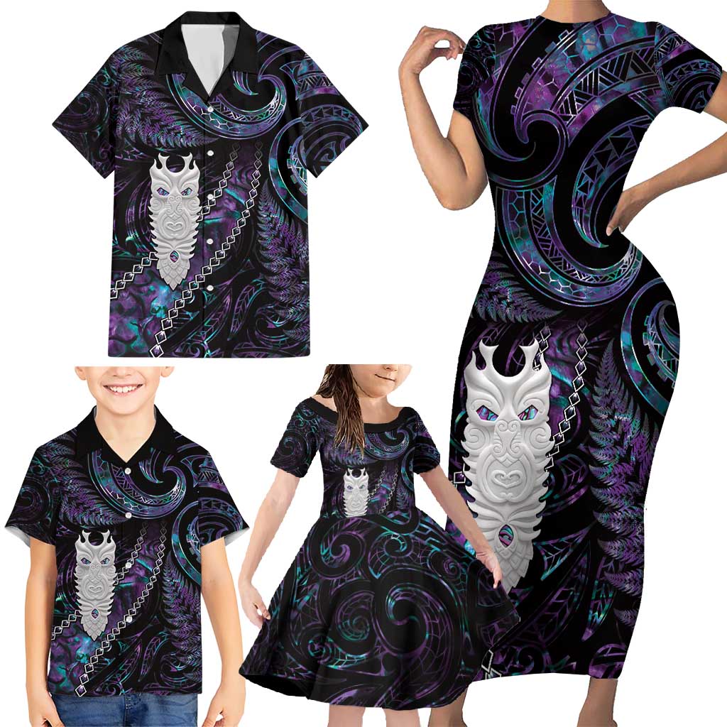 New Zealand Aotearoa Family Matching Short Sleeve Bodycon Dress and Hawaiian Shirt Maori Tane Te Waiora Paua Shell Glitter Purple LT05 - Polynesian Pride