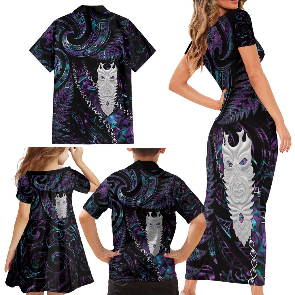 New Zealand Aotearoa Family Matching Short Sleeve Bodycon Dress and Hawaiian Shirt Maori Tane Te Waiora Paua Shell Glitter Purple LT05 - Polynesian Pride