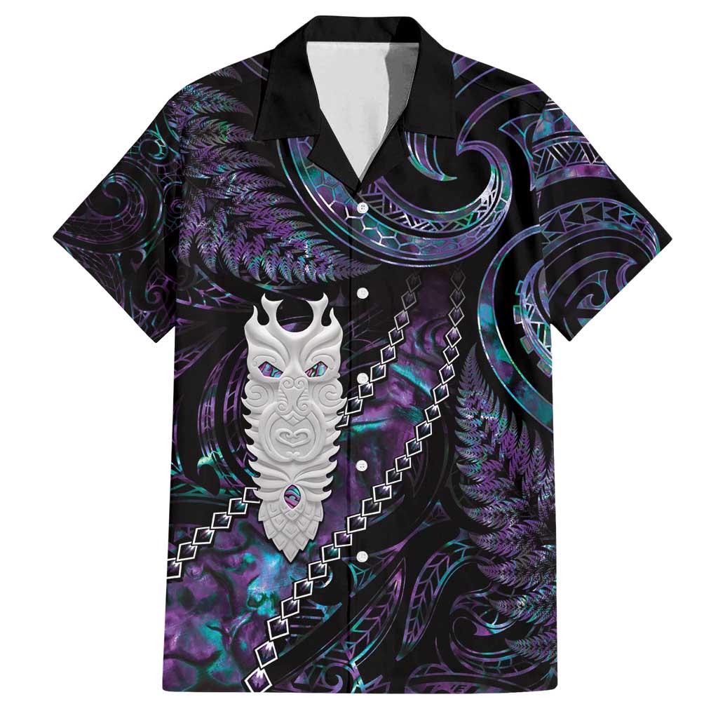 New Zealand Aotearoa Family Matching Tank Maxi Dress and Hawaiian Shirt Maori Tane Te Waiora Paua Shell Glitter Purple LT05 Dad's Shirt - Short Sleeve Purple - Polynesian Pride