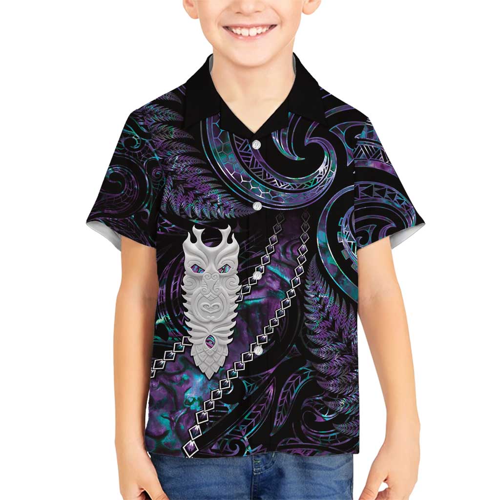 New Zealand Aotearoa Family Matching Tank Maxi Dress and Hawaiian Shirt Maori Tane Te Waiora Paua Shell Glitter Purple LT05 Son's Shirt Purple - Polynesian Pride