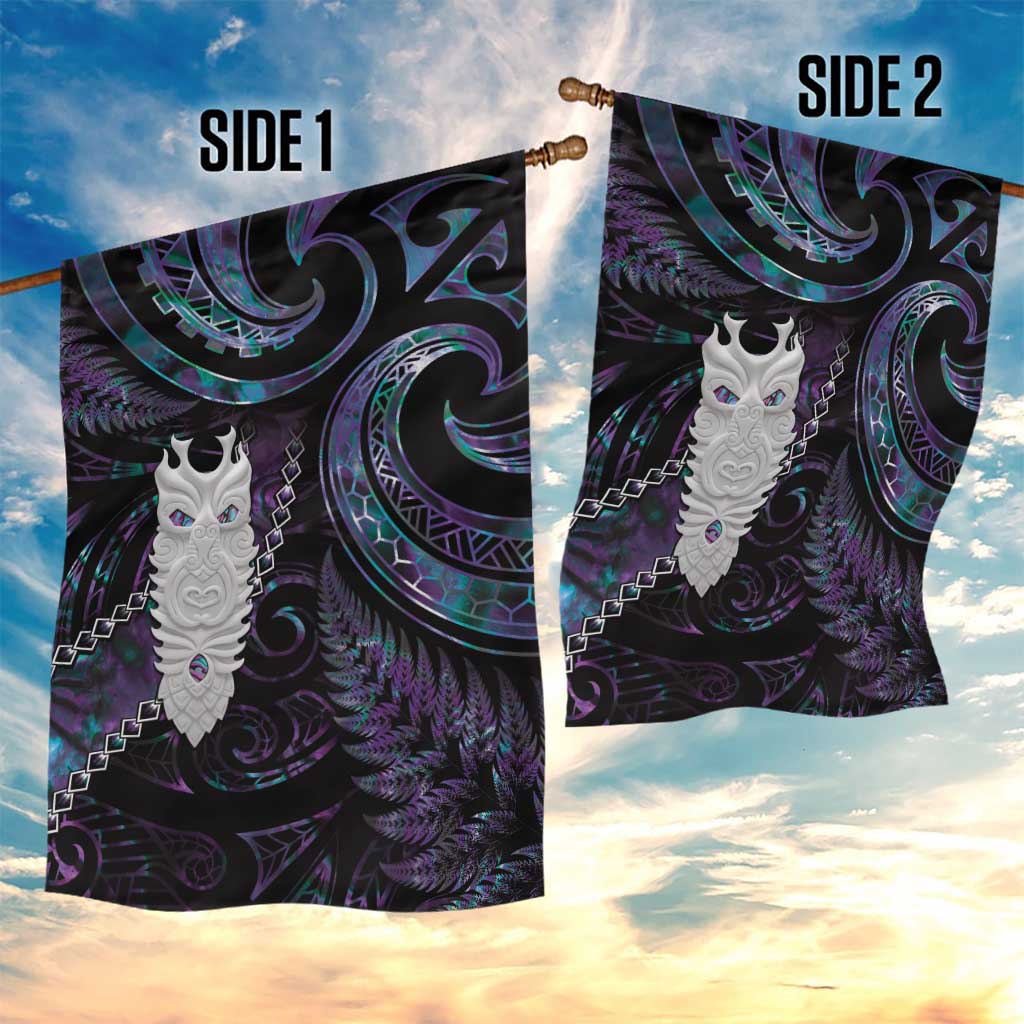 New Zealand Aotearoa Garden Flag Maori Tane Te Waiora Paua Shell Glitter Purple LT05 - Polynesian Pride