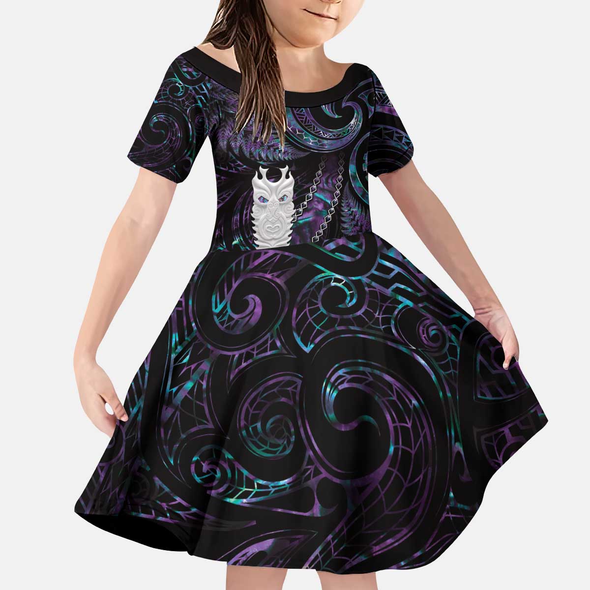 New Zealand Aotearoa Kid Short Sleeve Dress Maori Tane Te Waiora Paua Shell Glitter Purple LT05 KID Purple - Polynesian Pride