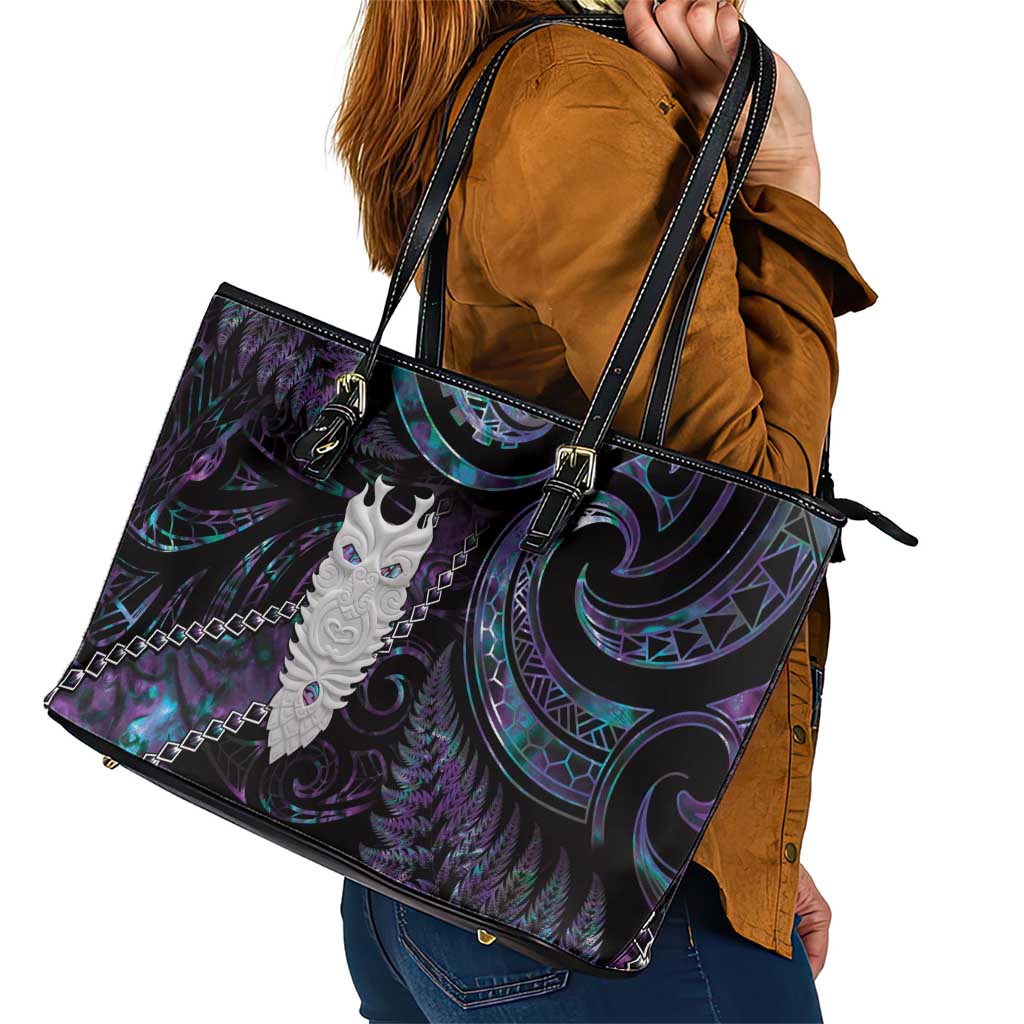 New Zealand Aotearoa Leather Tote Bag Maori Tane Te Waiora Paua Shell Glitter Purple LT05 - Polynesian Pride