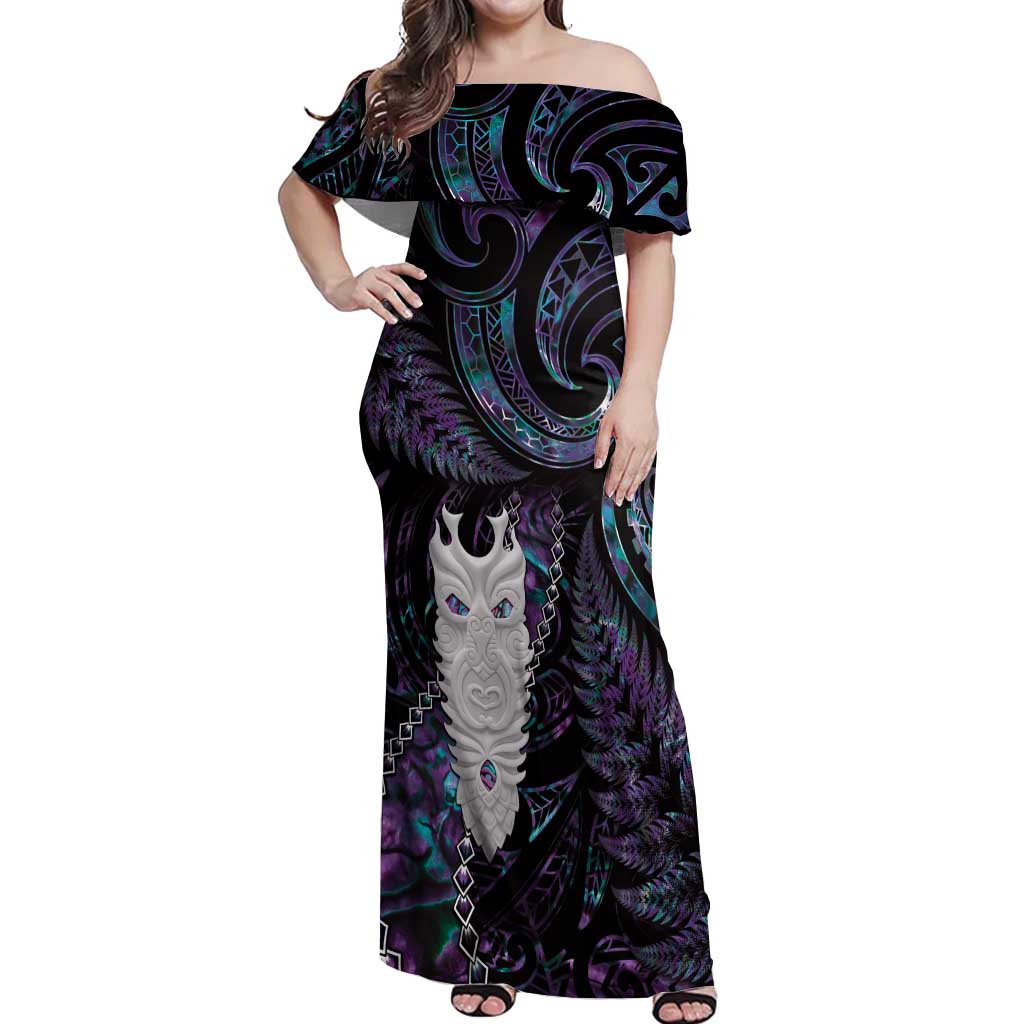 New Zealand Aotearoa Off Shoulder Maxi Dress Maori Tane Te Waiora Paua Shell Glitter Purple LT05 Women Purple - Polynesian Pride