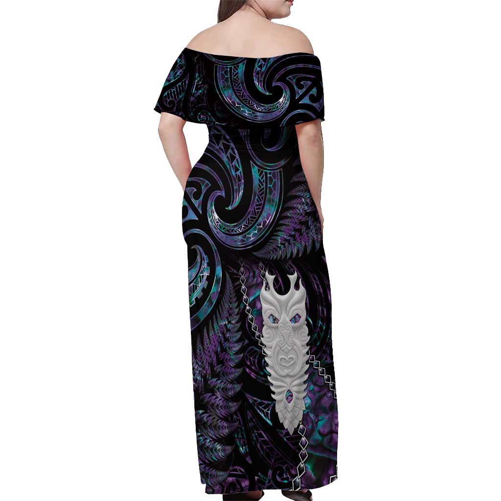 New Zealand Aotearoa Off Shoulder Maxi Dress Maori Tane Te Waiora Paua Shell Glitter Purple LT05 - Polynesian Pride