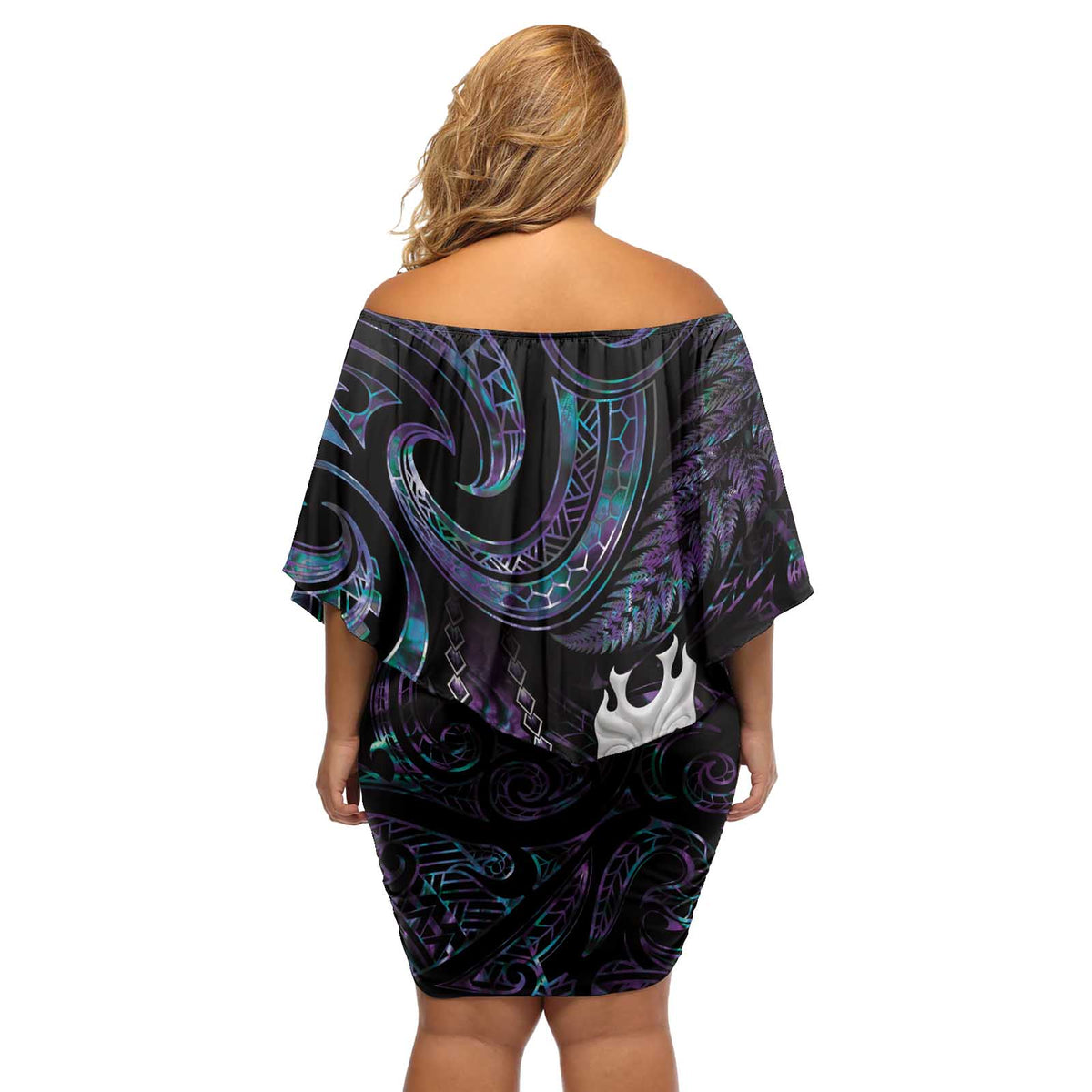 New Zealand Aotearoa Off Shoulder Short Dress Maori Tane Te Waiora Paua Shell Glitter Purple LT05 - Polynesian Pride