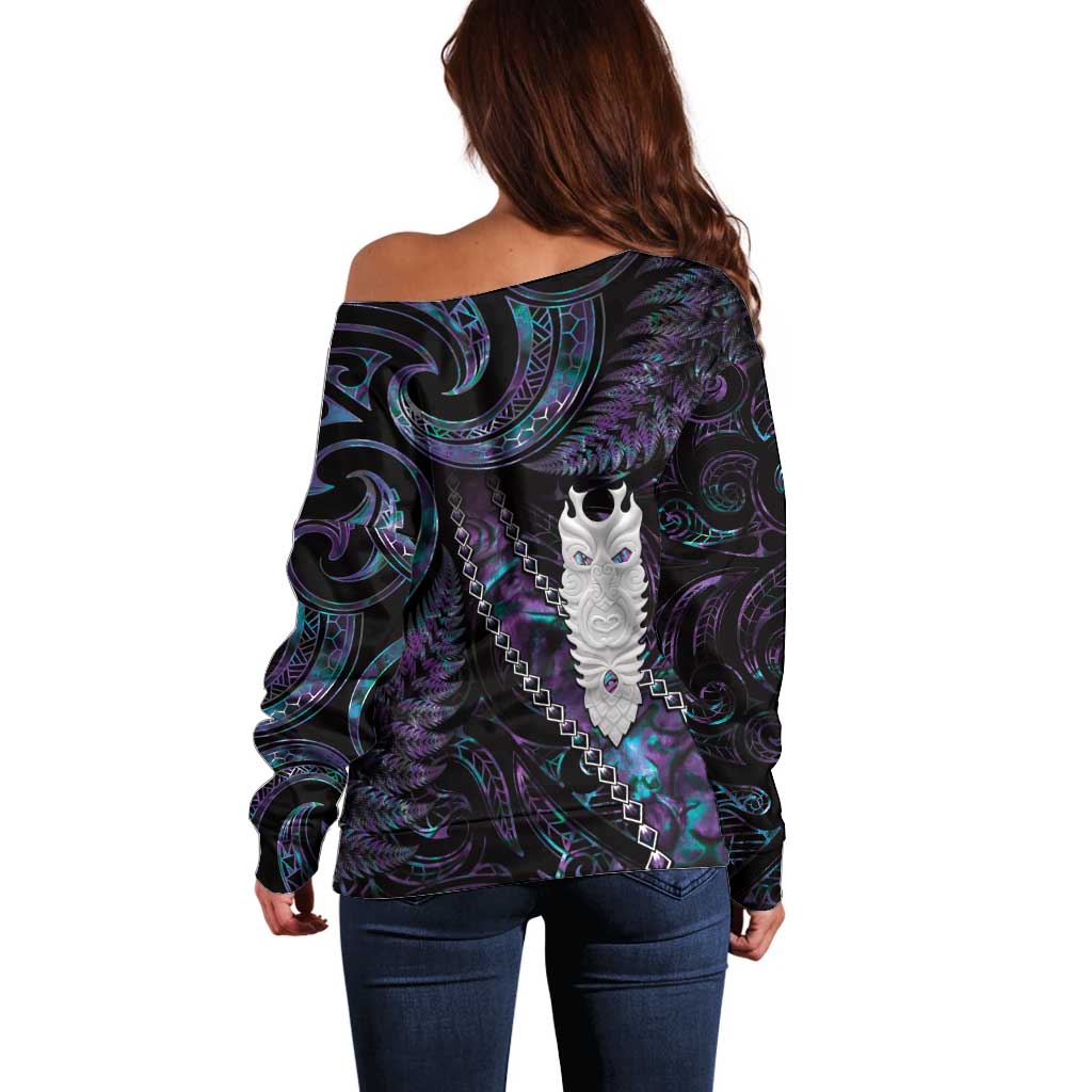 New Zealand Aotearoa Off Shoulder Sweater Maori Tane Te Waiora Paua Shell Glitter Purple LT05 - Polynesian Pride