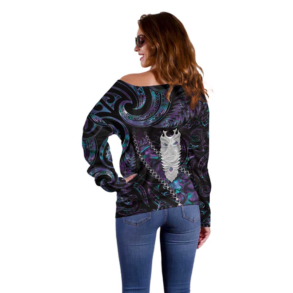 New Zealand Aotearoa Off Shoulder Sweater Maori Tane Te Waiora Paua Shell Glitter Purple LT05 - Polynesian Pride