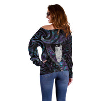 New Zealand Aotearoa Off Shoulder Sweater Maori Tane Te Waiora Paua Shell Glitter Purple LT05 - Polynesian Pride