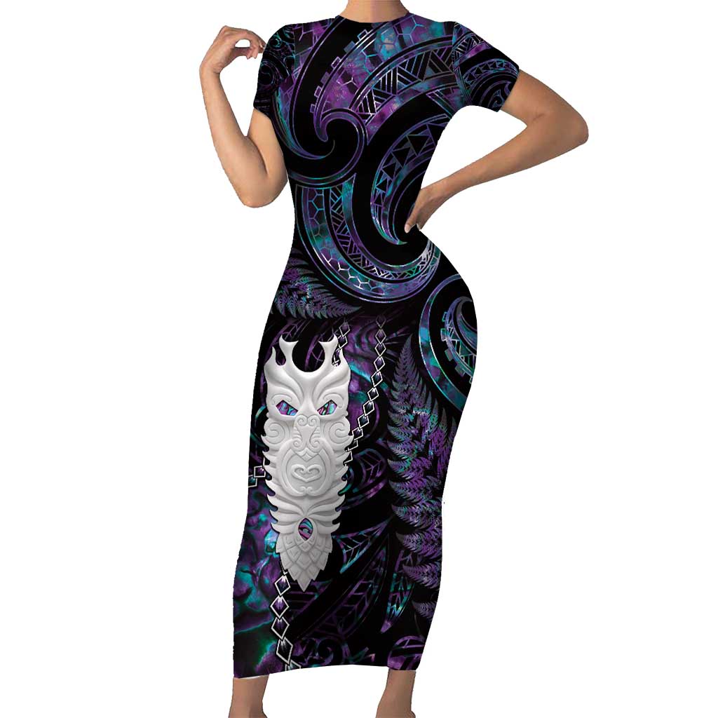 New Zealand Aotearoa Short Sleeve Bodycon Dress Maori Tane Te Waiora Paua Shell Glitter Purple LT05 Long Dress Purple - Polynesian Pride