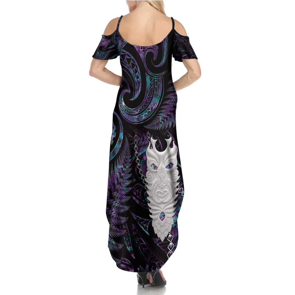 New Zealand Aotearoa Summer Maxi Dress Maori Tane Te Waiora Paua Shell Glitter Purple LT05 - Polynesian Pride