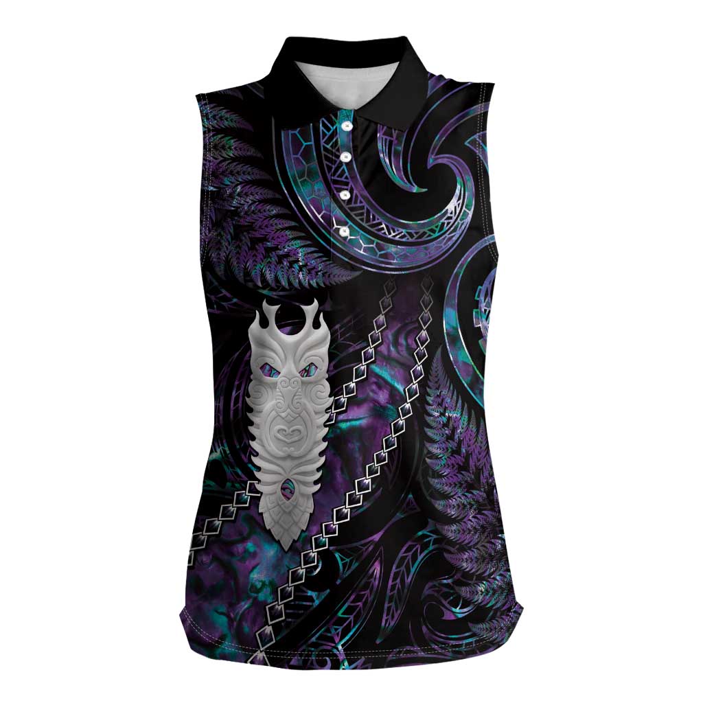 New Zealand Aotearoa Women Sleeveless Polo Shirt Maori Tane Te Waiora Paua Shell Glitter Purple LT05 Female Purple - Polynesian Pride