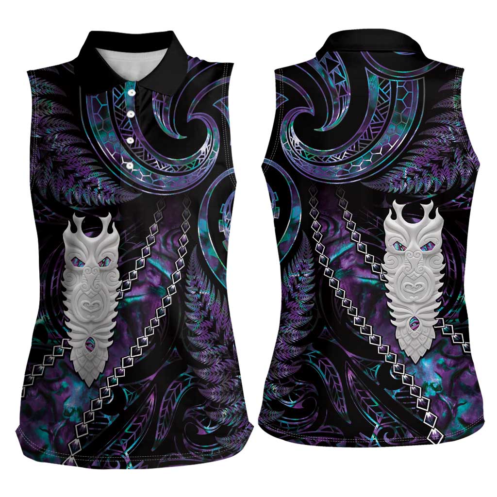 New Zealand Aotearoa Women Sleeveless Polo Shirt Maori Tane Te Waiora Paua Shell Glitter Purple LT05 - Polynesian Pride