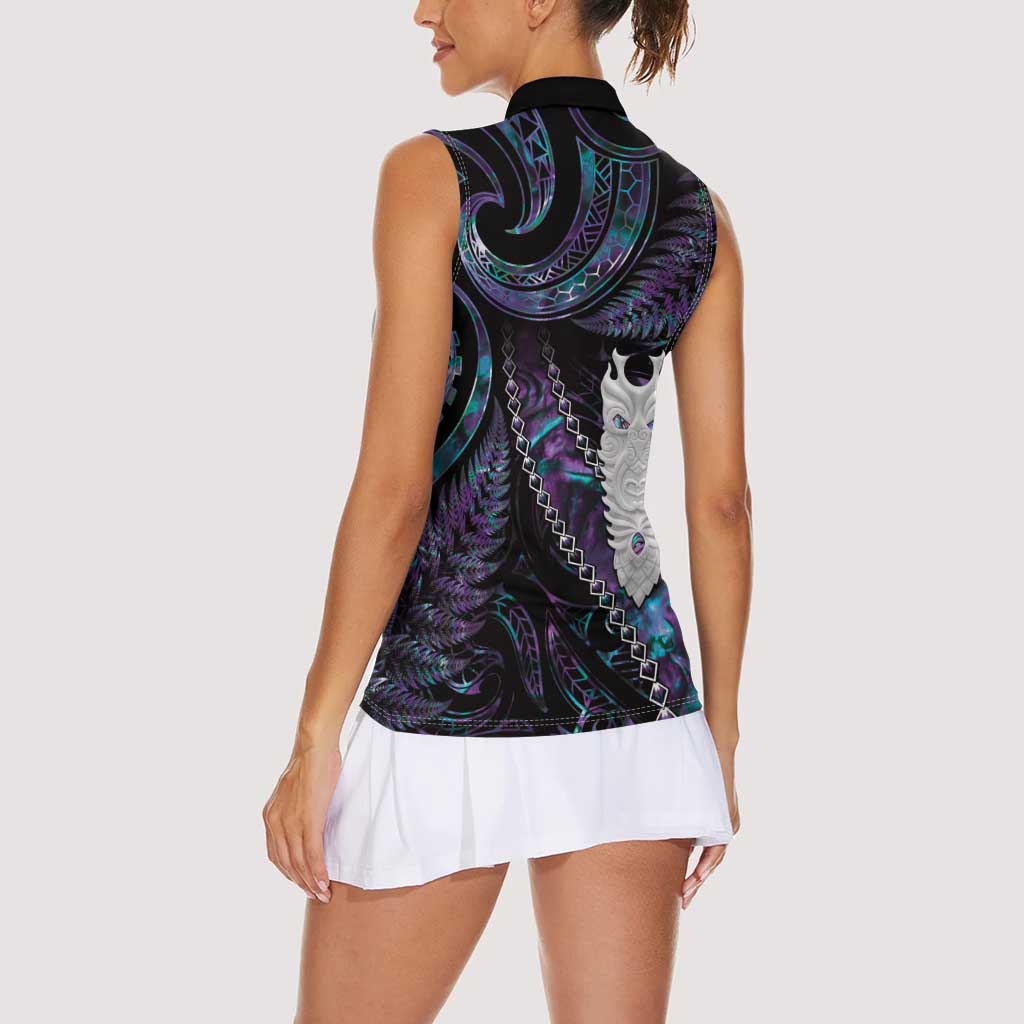 New Zealand Aotearoa Women Sleeveless Polo Shirt Maori Tane Te Waiora Paua Shell Glitter Purple LT05 - Polynesian Pride