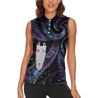 New Zealand Aotearoa Women Sleeveless Polo Shirt Maori Tane Te Waiora Paua Shell Glitter Purple LT05 - Polynesian Pride