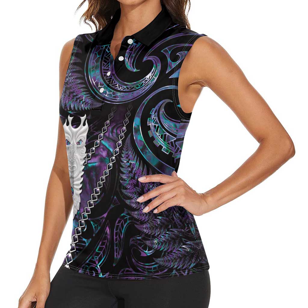 New Zealand Aotearoa Women Sleeveless Polo Shirt Maori Tane Te Waiora Paua Shell Glitter Purple LT05 - Polynesian Pride