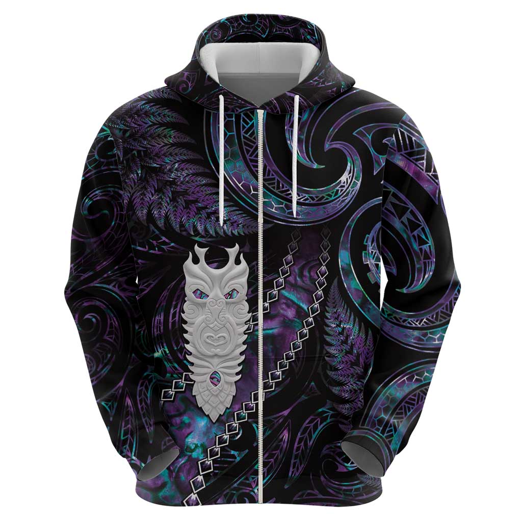 New Zealand Aotearoa Zip Hoodie Maori Tane Te Waiora Paua Shell Glitter Purple LT05 - Polynesian Pride