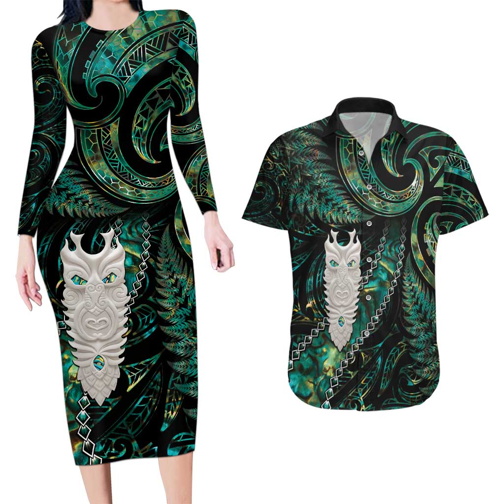 New Zealand Aotearoa Couples Matching Long Sleeve Bodycon Dress and Hawaiian Shirt Maori Tane Te Waiora Paua Shell Glitter Green LT05 Green - Polynesian Pride