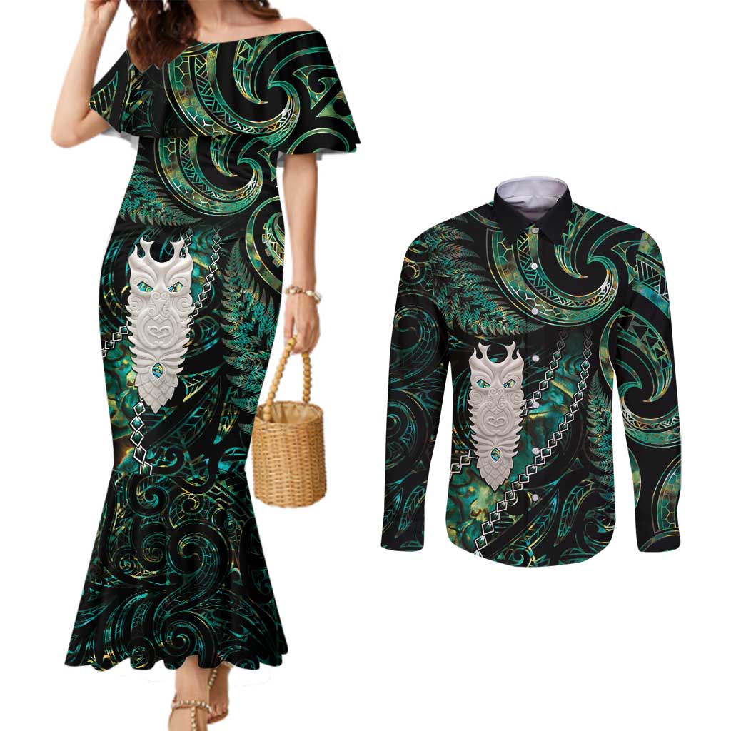 New Zealand Aotearoa Couples Matching Mermaid Dress and Long Sleeve Button Shirt Maori Tane Te Waiora Paua Shell Glitter Green LT05 Green - Polynesian Pride