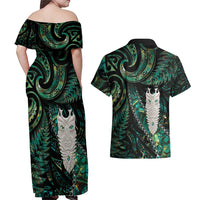 New Zealand Aotearoa Couples Matching Off Shoulder Maxi Dress and Hawaiian Shirt Maori Tane Te Waiora Paua Shell Glitter Green LT05 - Polynesian Pride