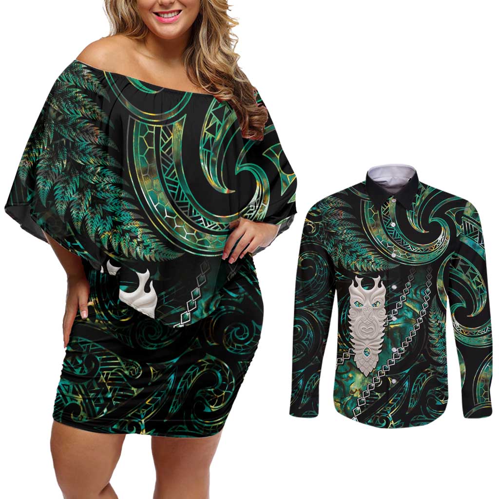 New Zealand Aotearoa Couples Matching Off Shoulder Short Dress and Long Sleeve Button Shirt Maori Tane Te Waiora Paua Shell Glitter Green LT05 Green - Polynesian Pride
