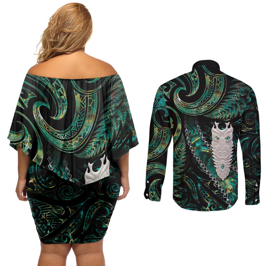 New Zealand Aotearoa Couples Matching Off Shoulder Short Dress and Long Sleeve Button Shirt Maori Tane Te Waiora Paua Shell Glitter Green LT05 - Polynesian Pride