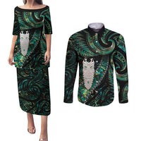 New Zealand Aotearoa Couples Matching Puletasi and Long Sleeve Button Shirt Maori Tane Te Waiora Paua Shell Glitter Green LT05 Green - Polynesian Pride