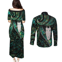 New Zealand Aotearoa Couples Matching Puletasi and Long Sleeve Button Shirt Maori Tane Te Waiora Paua Shell Glitter Green LT05 - Polynesian Pride