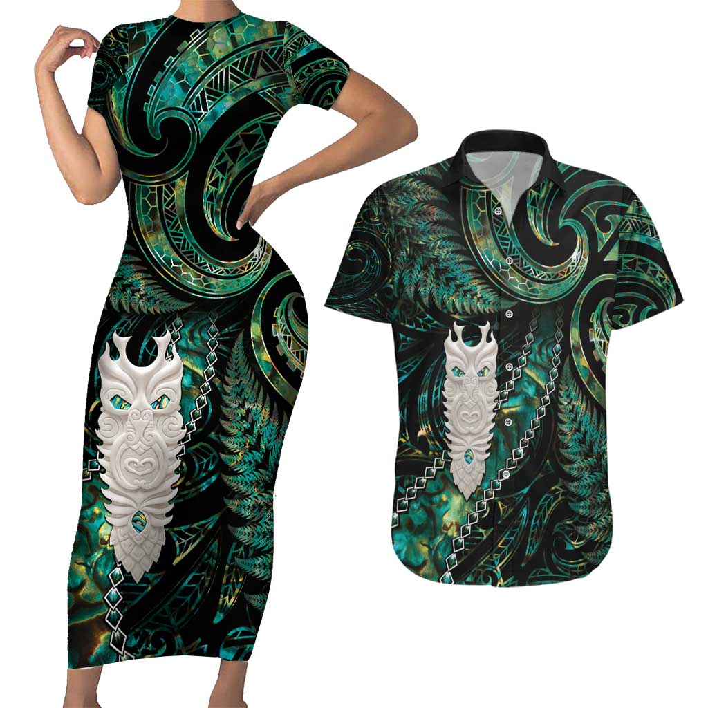 New Zealand Aotearoa Couples Matching Short Sleeve Bodycon Dress and Hawaiian Shirt Maori Tane Te Waiora Paua Shell Glitter Green LT05 Green - Polynesian Pride