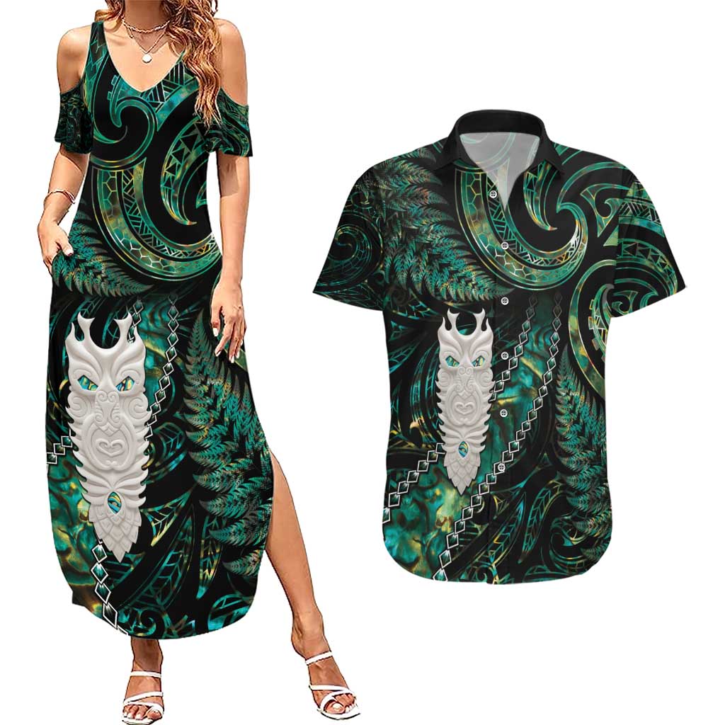 New Zealand Aotearoa Couples Matching Summer Maxi Dress and Hawaiian Shirt Maori Tane Te Waiora Paua Shell Glitter Green LT05 Green - Polynesian Pride