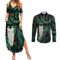 New Zealand Aotearoa Couples Matching Summer Maxi Dress and Long Sleeve Button Shirt Maori Tane Te Waiora Paua Shell Glitter Green LT05 Green - Polynesian Pride
