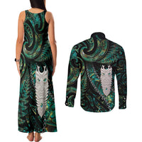 New Zealand Aotearoa Couples Matching Tank Maxi Dress and Long Sleeve Button Shirt Maori Tane Te Waiora Paua Shell Glitter Green LT05 - Polynesian Pride