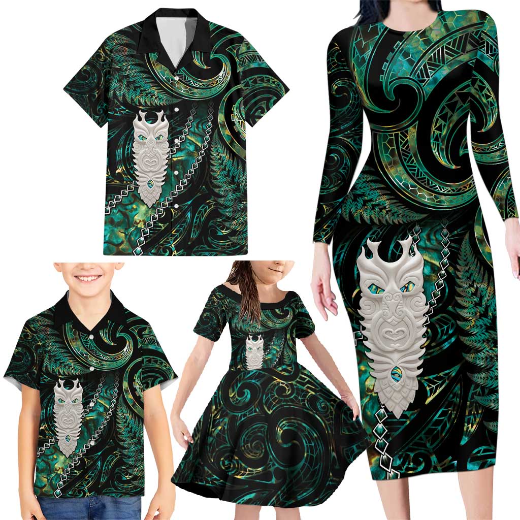 New Zealand Aotearoa Family Matching Long Sleeve Bodycon Dress and Hawaiian Shirt Maori Tane Te Waiora Paua Shell Glitter Green LT05 - Polynesian Pride