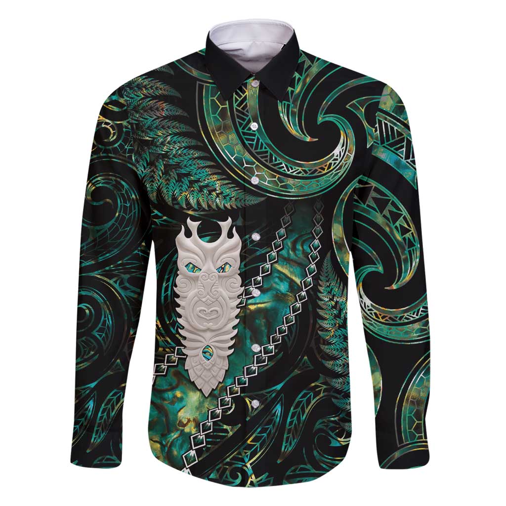 New Zealand Aotearoa Family Matching Mermaid Dress and Hawaiian Shirt Maori Tane Te Waiora Paua Shell Glitter Green LT05 Dad's Shirt - Long Sleeve Green - Polynesian Pride