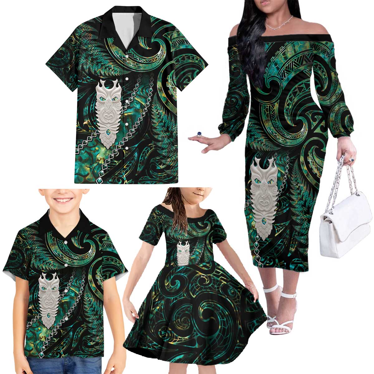 New Zealand Aotearoa Family Matching Off The Shoulder Long Sleeve Dress and Hawaiian Shirt Maori Tane Te Waiora Paua Shell Glitter Green LT05 - Polynesian Pride