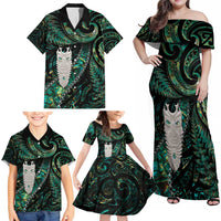 New Zealand Aotearoa Family Matching Off Shoulder Maxi Dress and Hawaiian Shirt Maori Tane Te Waiora Paua Shell Glitter Green LT05 - Polynesian Pride