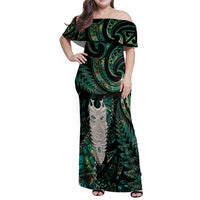 New Zealand Aotearoa Family Matching Off Shoulder Maxi Dress and Hawaiian Shirt Maori Tane Te Waiora Paua Shell Glitter Green LT05 Mom's Dress Green - Polynesian Pride