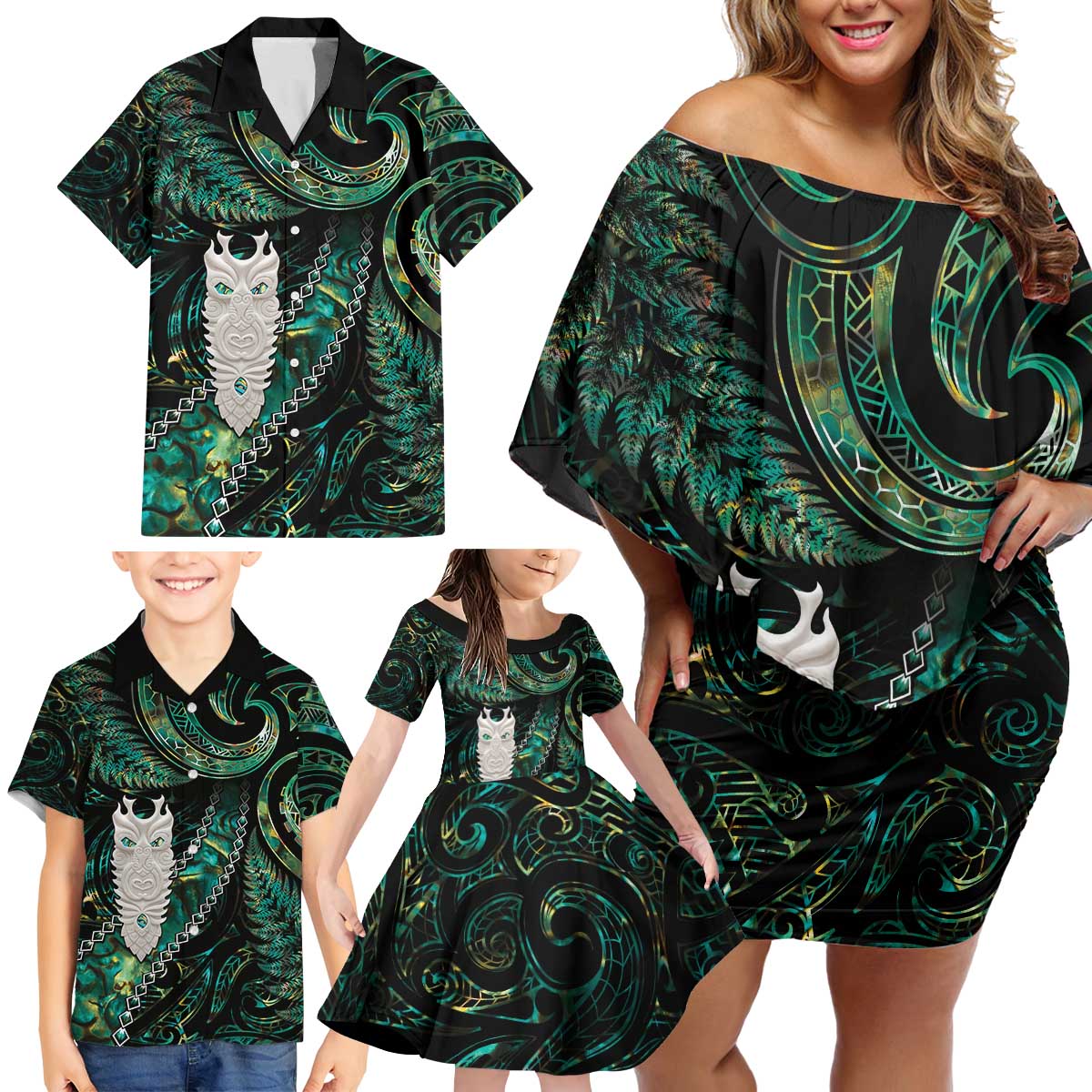 New Zealand Aotearoa Family Matching Off Shoulder Short Dress and Hawaiian Shirt Maori Tane Te Waiora Paua Shell Glitter Green LT05 - Polynesian Pride