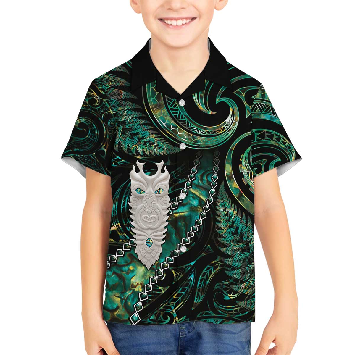 New Zealand Aotearoa Family Matching Off Shoulder Short Dress and Hawaiian Shirt Maori Tane Te Waiora Paua Shell Glitter Green LT05 Son's Shirt Green - Polynesian Pride