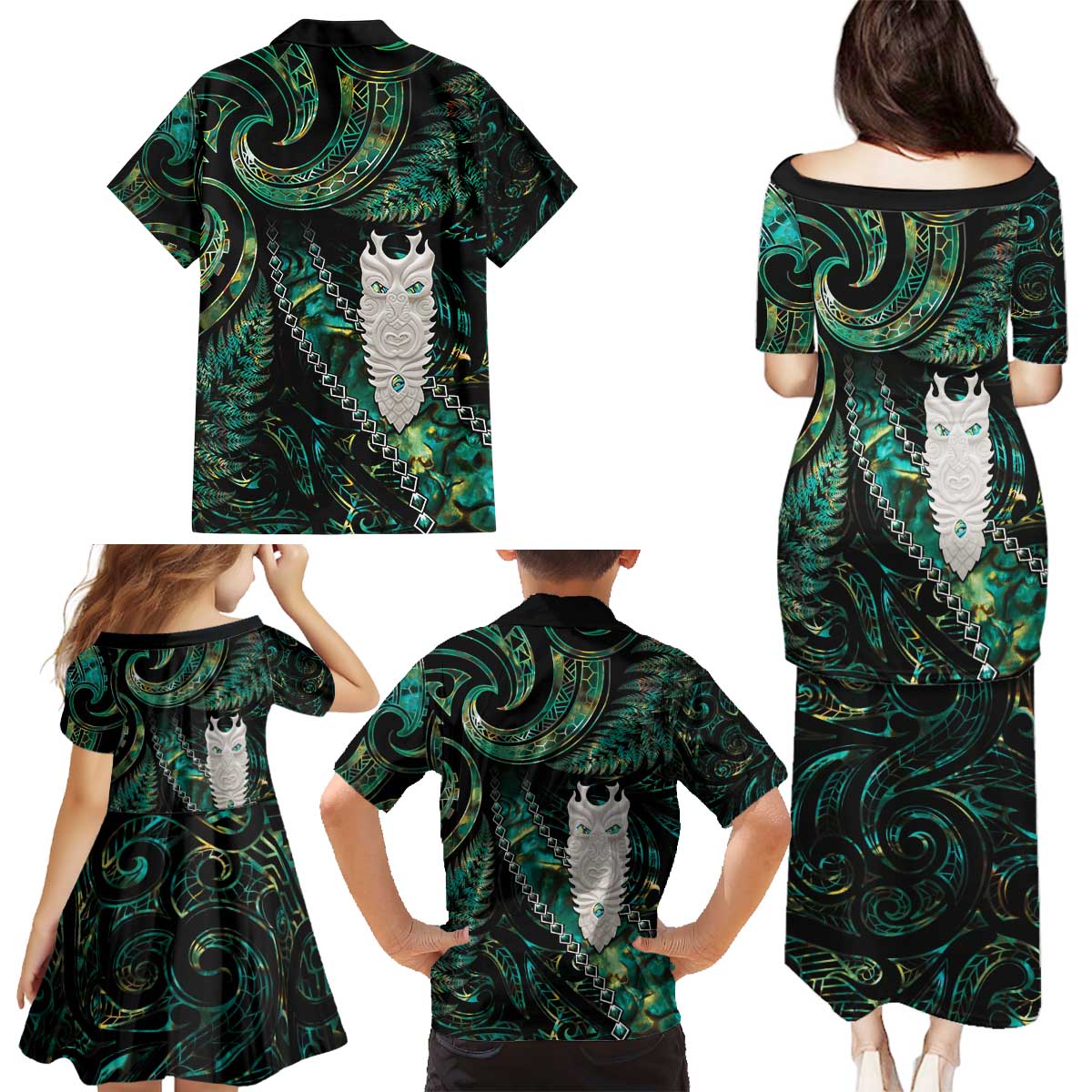 New Zealand Aotearoa Family Matching Puletasi and Hawaiian Shirt Maori Tane Te Waiora Paua Shell Glitter Green LT05 - Polynesian Pride