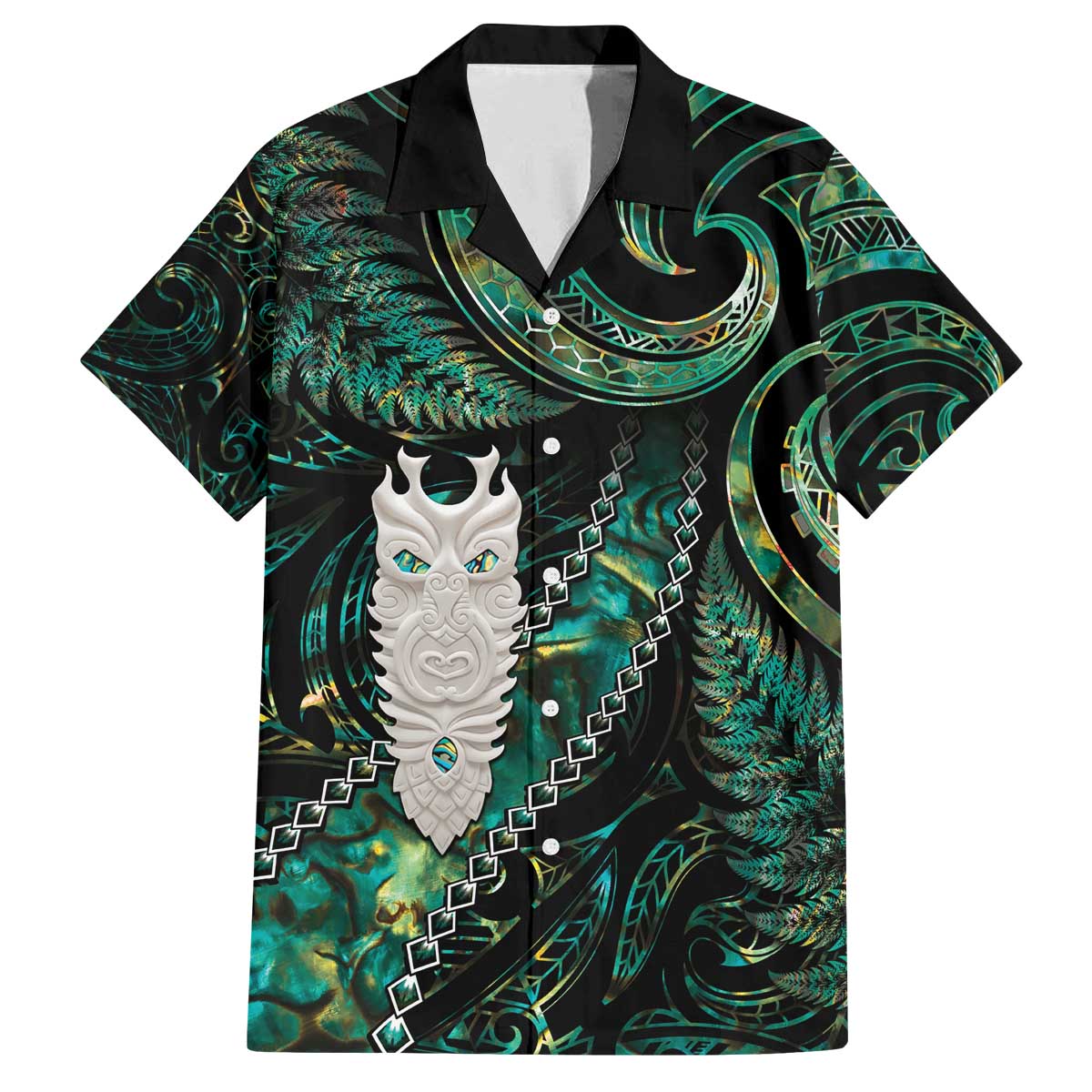 New Zealand Aotearoa Family Matching Puletasi and Hawaiian Shirt Maori Tane Te Waiora Paua Shell Glitter Green LT05 Dad's Shirt - Short Sleeve Green - Polynesian Pride