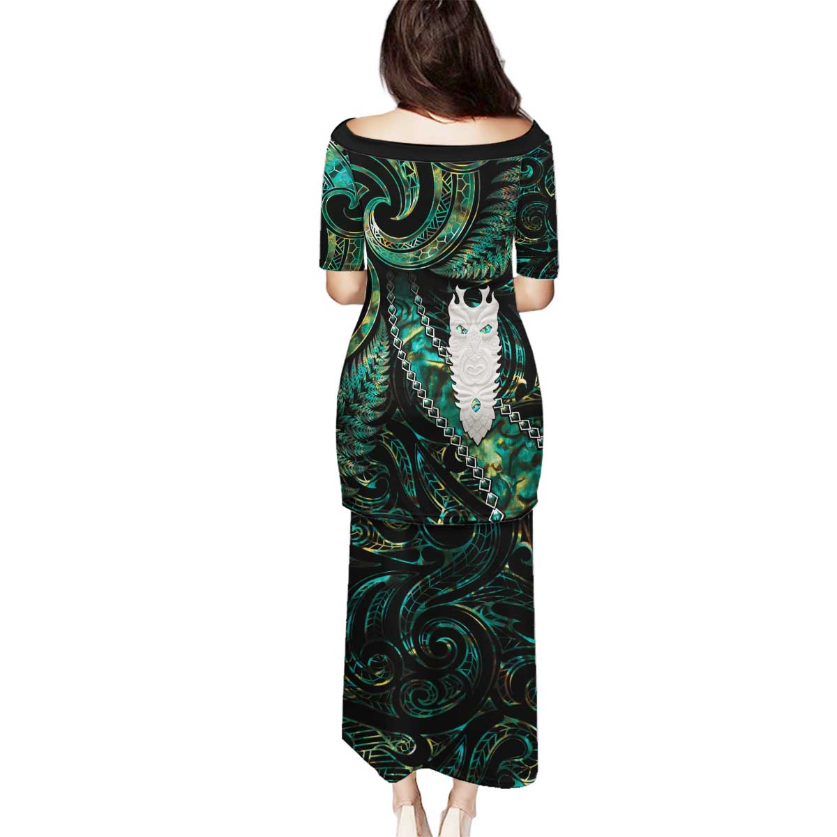 New Zealand Aotearoa Family Matching Puletasi and Hawaiian Shirt Maori Tane Te Waiora Paua Shell Glitter Green LT05 - Polynesian Pride