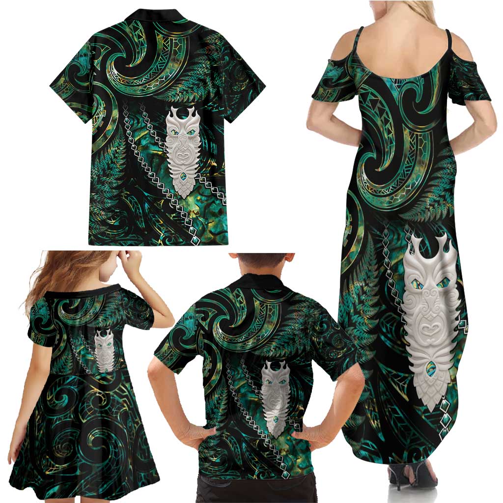 New Zealand Aotearoa Family Matching Summer Maxi Dress and Hawaiian Shirt Maori Tane Te Waiora Paua Shell Glitter Green LT05 - Polynesian Pride