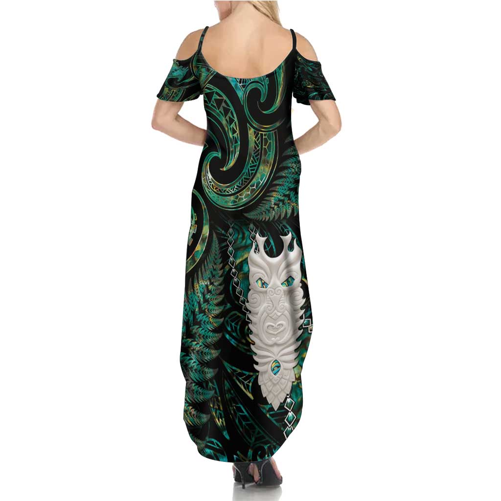 New Zealand Aotearoa Family Matching Summer Maxi Dress and Hawaiian Shirt Maori Tane Te Waiora Paua Shell Glitter Green LT05 - Polynesian Pride