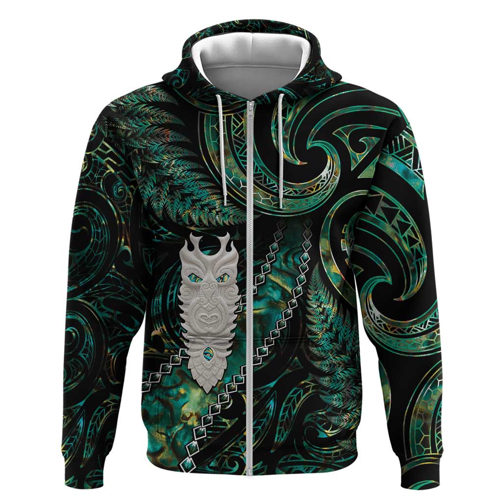 New Zealand Aotearoa Hoodie Maori Tane Te Waiora Paua Shell Glitter Green LT05 Zip Hoodie Green - Polynesian Pride